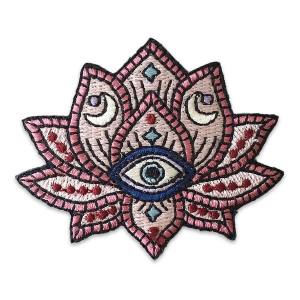 Pink Lotus Flower Evil Eye Iron On Patch Celestial Moon Spiritual Boho